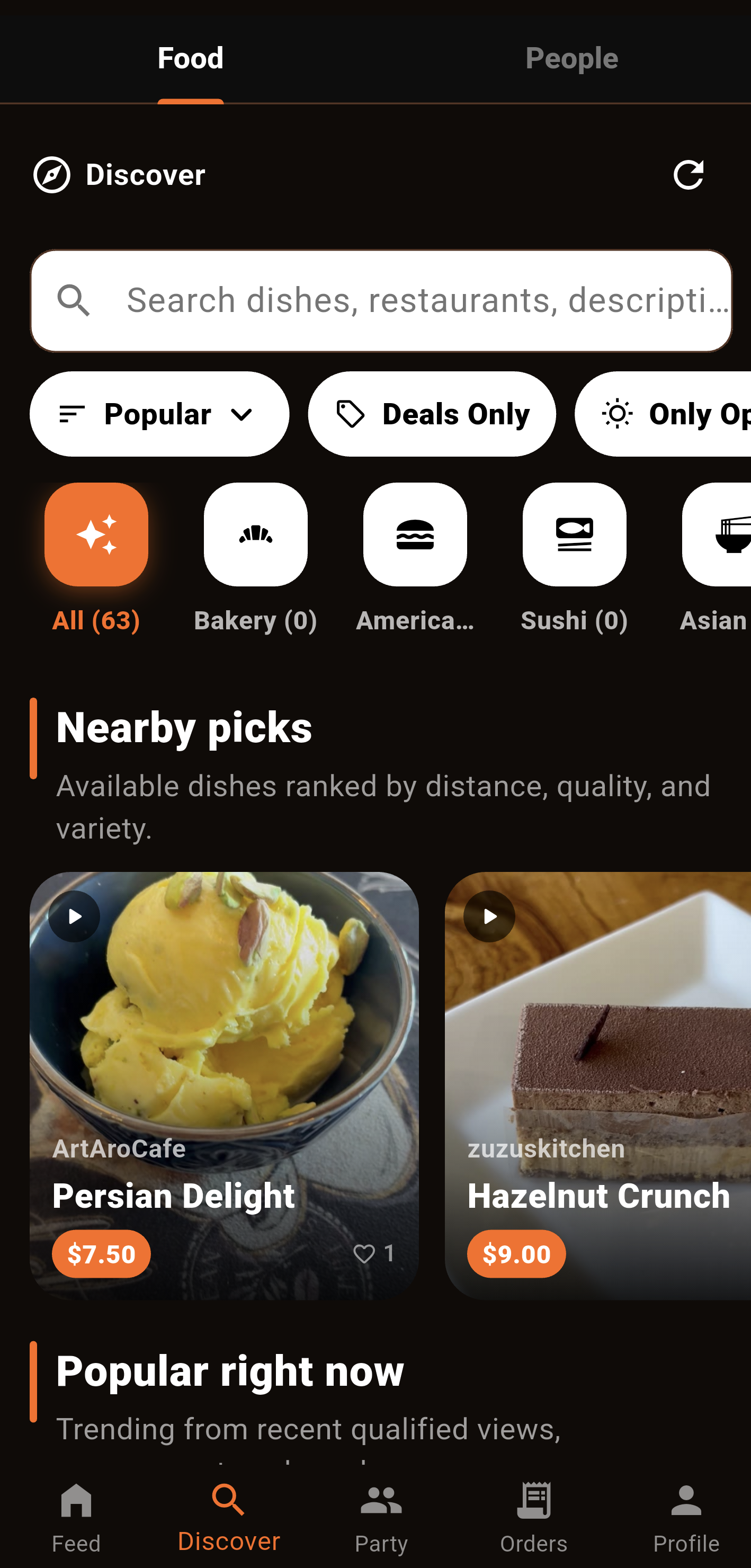 Bitesurge discovery screen with search, filters, and local dishes