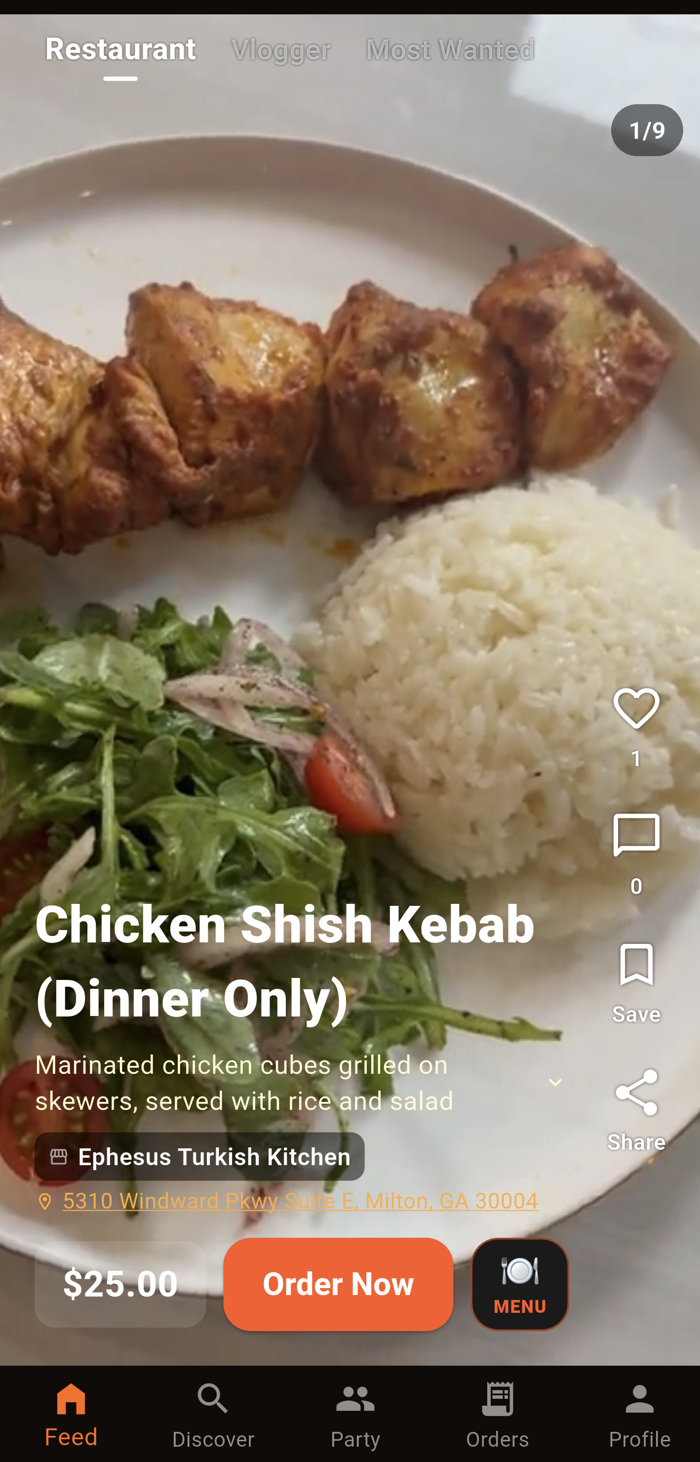 Bitesurge restaurant feed showing a chicken shish kebab video with menu and ordering controls